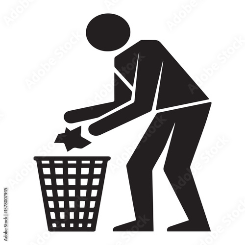 A stick figure throws paper into a trash bin isolated on white background