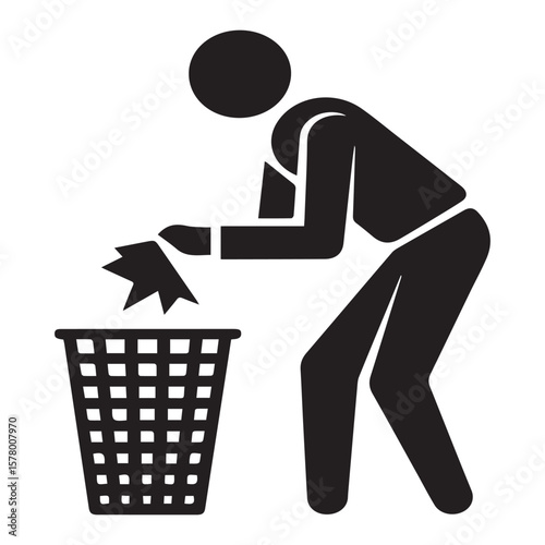 A stick figure throws paper into a trash bin isolated on white background