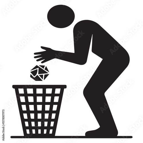 A stick figure throws crumpled paper into a trash bin isolated on white background