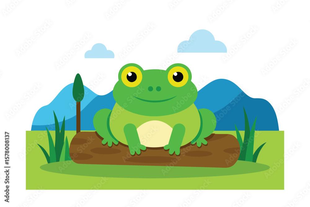 Naklejka premium Charming Green Frog on Log Amphibian Illustration in Nature Scene