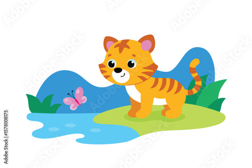 Adorable Baby Tiger Cub by the River, Watching a Butterfly