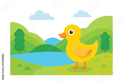 Adorable Yellow Duckling by the Lake A Charming Springtime Illustration