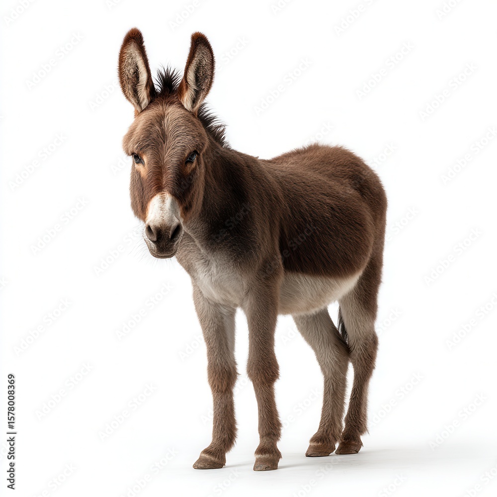 Obraz premium Calm brown donkey standing against white background with alert ears and gentle expression, perfect for farm animal education or agriculture marketing with free copy space