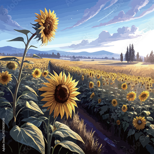 A sunflower field spreading out on a clear summer day