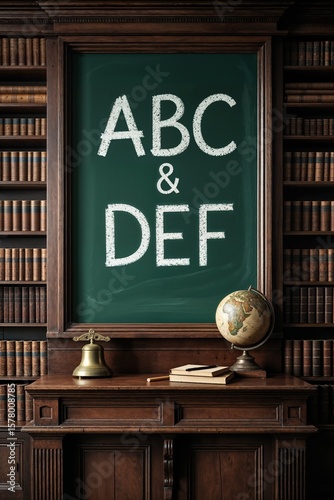 Chalkboard with ABC DEF, Globe, Books, and Brass Bell in a Rustic Classroom