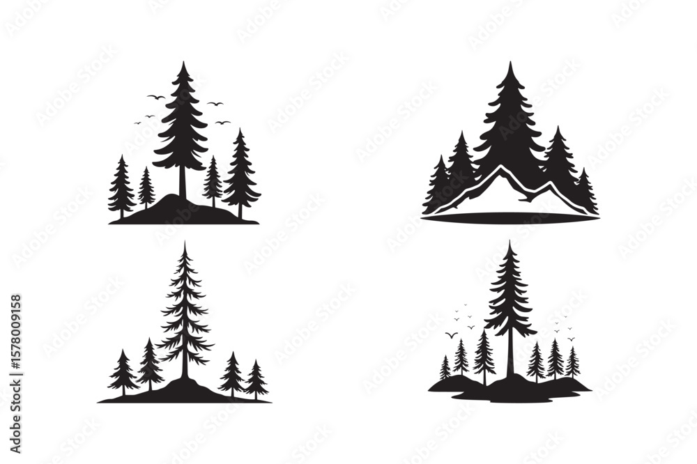 Obraz premium Silhouette scenes of pine trees and mountains with birds