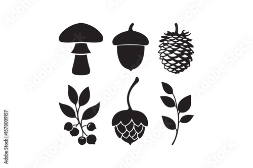 Collection of black silhouette icons of forest elements and plants
