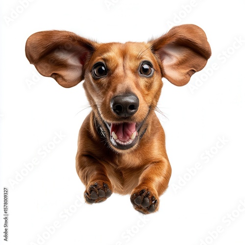 Playful brown dachshund puppy with large floppy ears smiling at camera on white background, pet portrait for veterinary services or dog food advertising with free copy space