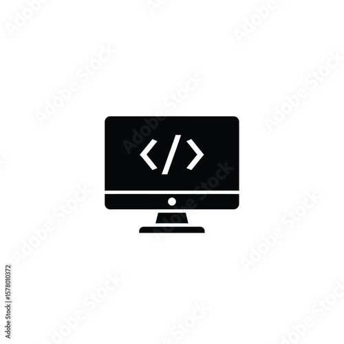 Simple black icon of a computer monitor displaying code.