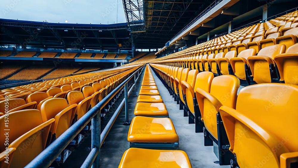 Fototapeta premium Rows of yellow stadium seats stretching into the distance under a metal structure