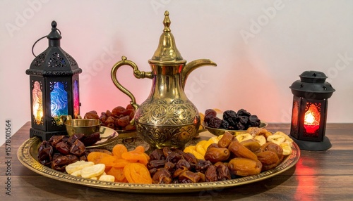 Golden Teapot with Dates and Lanterns on Wooden Table in Ramadan Setting