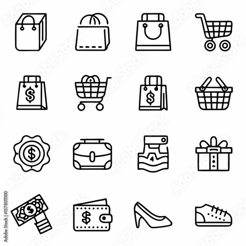 Outline shopping icons: shopping bags, carts, basket, money, wallet, shoes, gift box, and more line icons