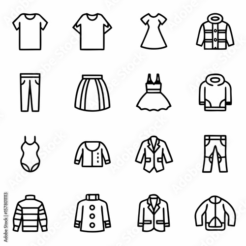 Clothing apparel fashion vector line art icon set t shirt dress jacket skirt pants garment style design 100