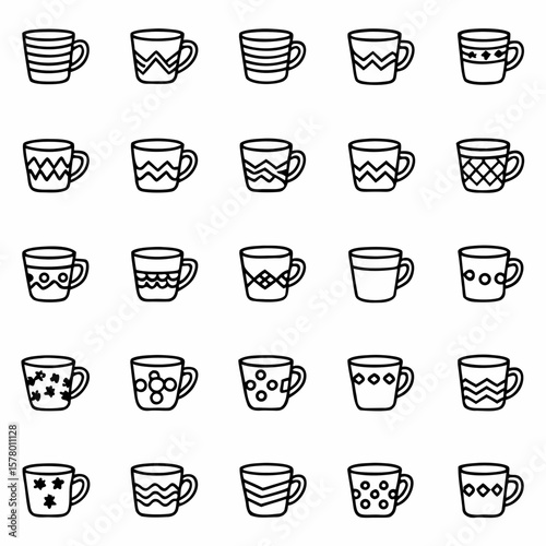 Seamless pattern of various coffee mugs tea cups with different designs vector background for kitchen decor
