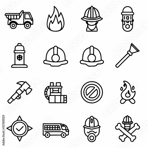 Firefighter equipment icons set vector illustration emergency service tools and accessories line art design