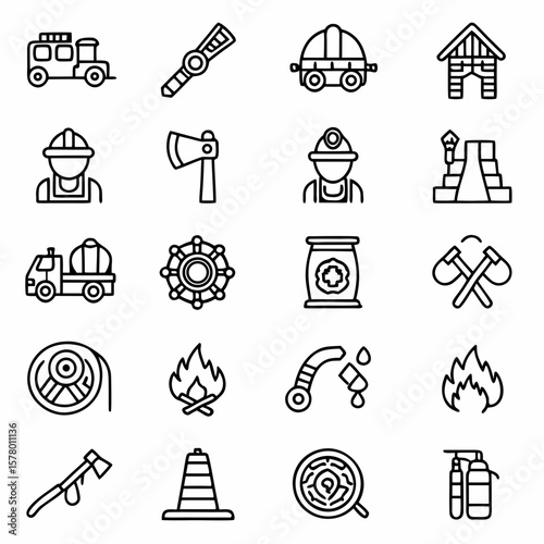 Firefighter equipment icons set vector illustration emergency service tools and accessories outline design 100