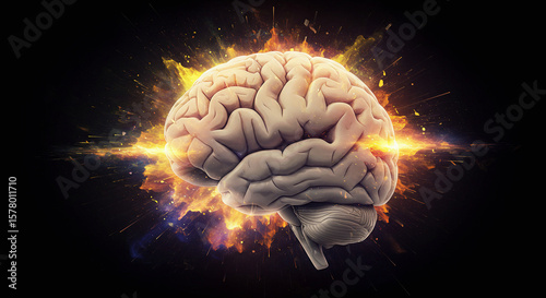 Exploding Brain: Neural Activity with Fiery Energy on Black Background.