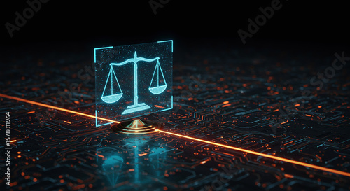 Digital Justice: Glowing Scales of Justice on Circuit Board Futuristic Concept.