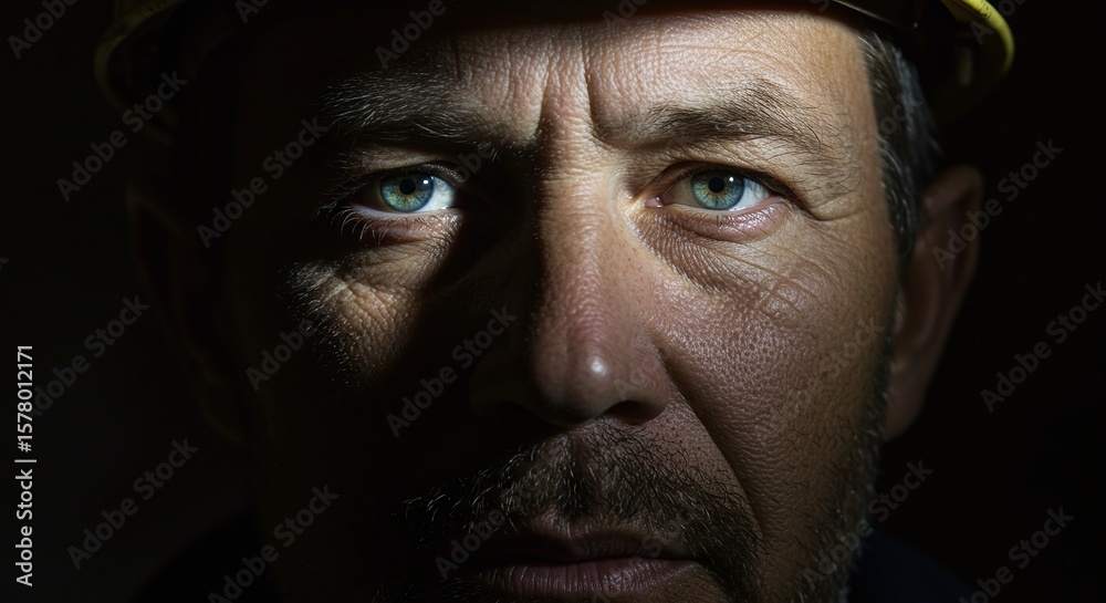 Obraz premium Close Up Male Construction Worker with Blue Eyes Wearing Helmet in Dim Lighting