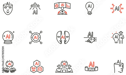 Vector set of linear icons related to neural networks,  AI integration, automation, digital innovation for technology presentations, apps, websites and infographics - part 2