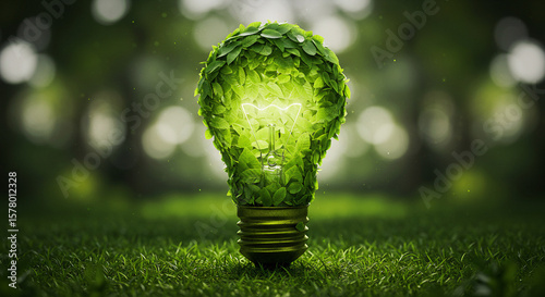 Leaf-Covered Light Bulb on Grass: Sustainable Energy Concept Green Glow.