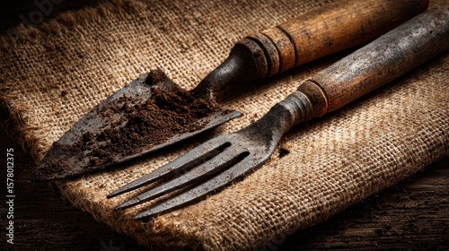 Aged gardening tools on burlap