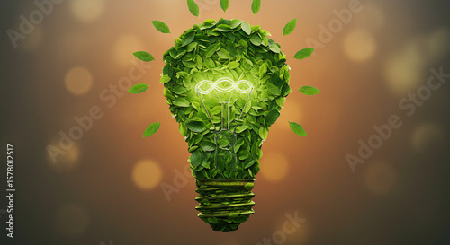 Green Energy Concept: Illuminated Leaf Lightbulb Eco-Friendly Innovation.