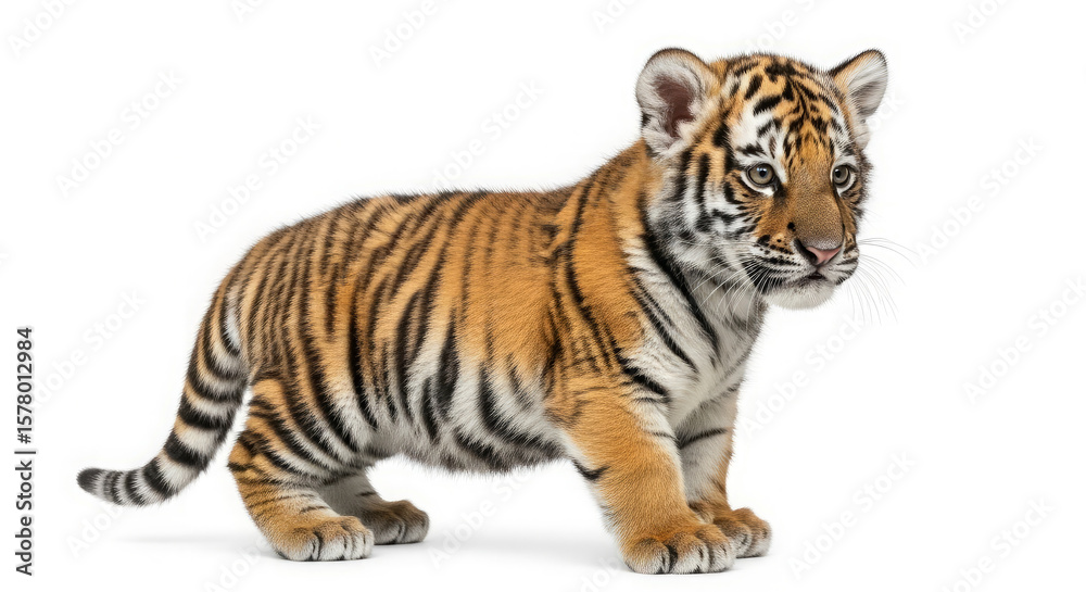 Fototapeta premium Adorable tiger cub standing, showcasing its distinctive orange and black stripes against a stark white background.