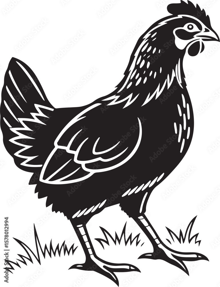 Fototapeta premium Black and white vector illustration of a standing chicken with grass elements