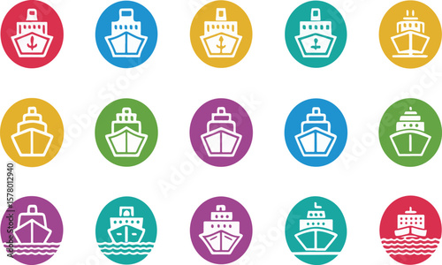 Colorful vector illustrations of cruise ships and ocean liners in various round button designs