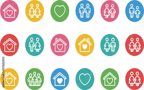 A collection of family love and home icons in colorful circular illustrations