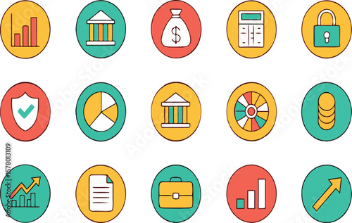 Colorful hand-drawn financial and business icons arranged in a circular set