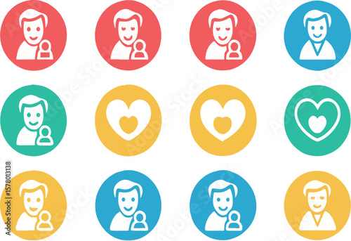 Colorful icon set illustrating love, family, connection, and relationships on various circular backgrounds