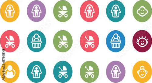 Colorful flat style baby icons representing childhood and parenthood symbols