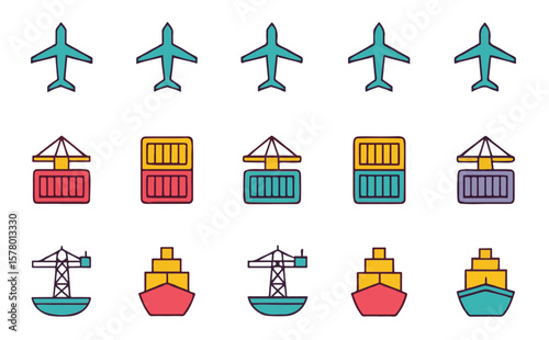 Transportation icons depicting air freight sea shipping and logistics in colorful illustrations