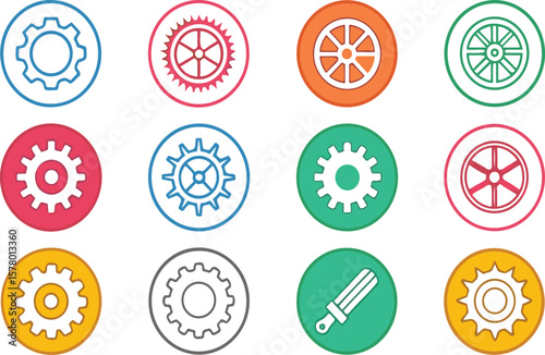 Colorful gear icons and wheel symbols on circles representing mechanical engineering elements