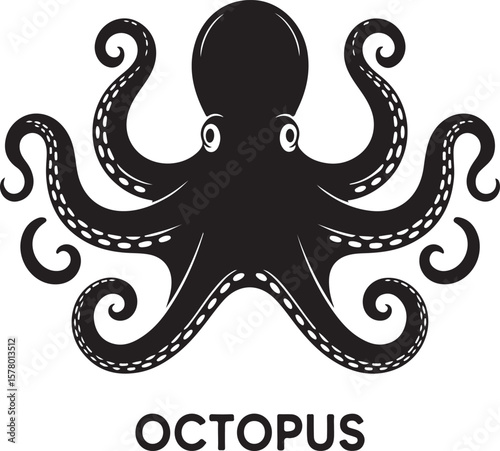 Elegant black octopus silhouette illustration with text ideal for nautical and marine themed designs