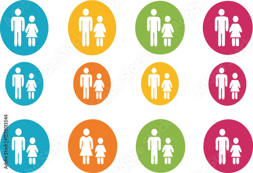 Family icons representing father and daughter in various vibrant circle color combinations