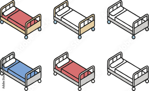Isometric illustration of six beds in a medical environment with varying color schemes and designs