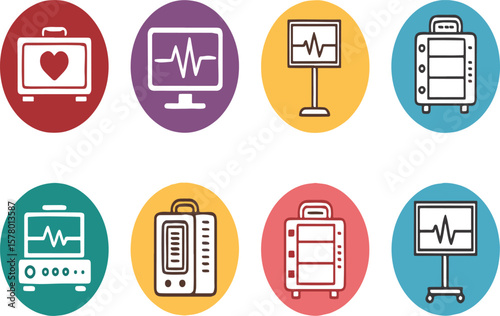 Vector illustration of various medical equipment icons, perfect for health and healthcare concepts.