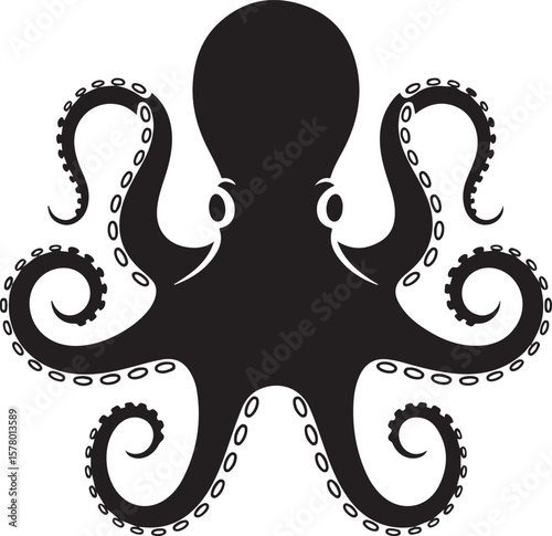 Silhouette of a majestic octopus with eight tentacles in black and white on white background