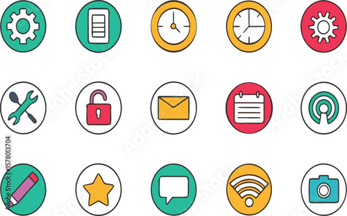Colorful rounded icon set illustrating various functions and mobile application elements