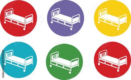 Minimalist iconographic illustrations of hospital beds in colorful circular backgrounds