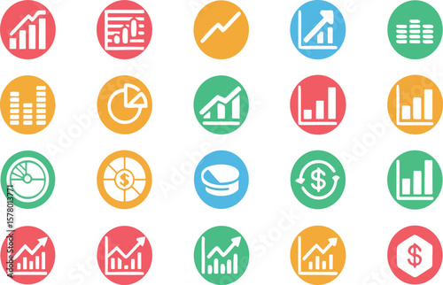 Set of colorful financial icons depicting charts and data visualization concepts