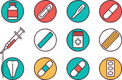 Vector illustration of medical icons depicting various healthcare elements in colorful circular designs