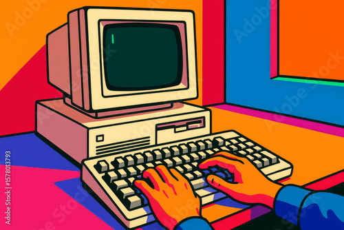 Retro Computer Setup with Monochrome Screen and Chunky Keyboard – Typing Hands on Bright Surface