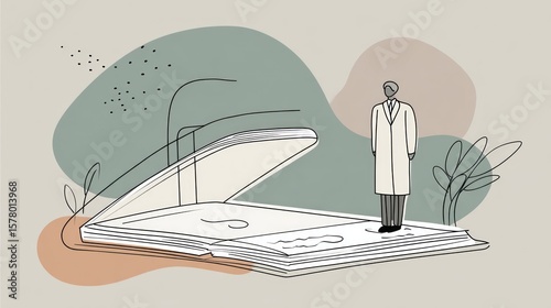 A stylized illustration of an open book with a doctor figure standing on it