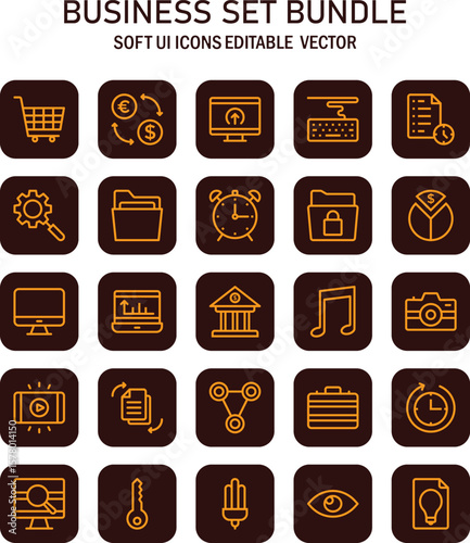 Contemporary business set bundle featuring softly rendered user interface icons for versatile applications offering