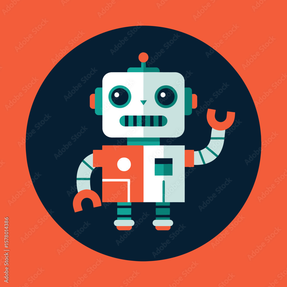 Fototapeta premium Retro Cartoon Robot Icon on Orange Background