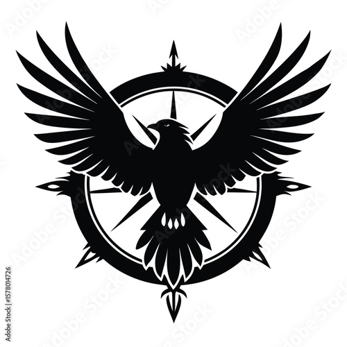 Black eagle with spread wings and compass rose emblem bird